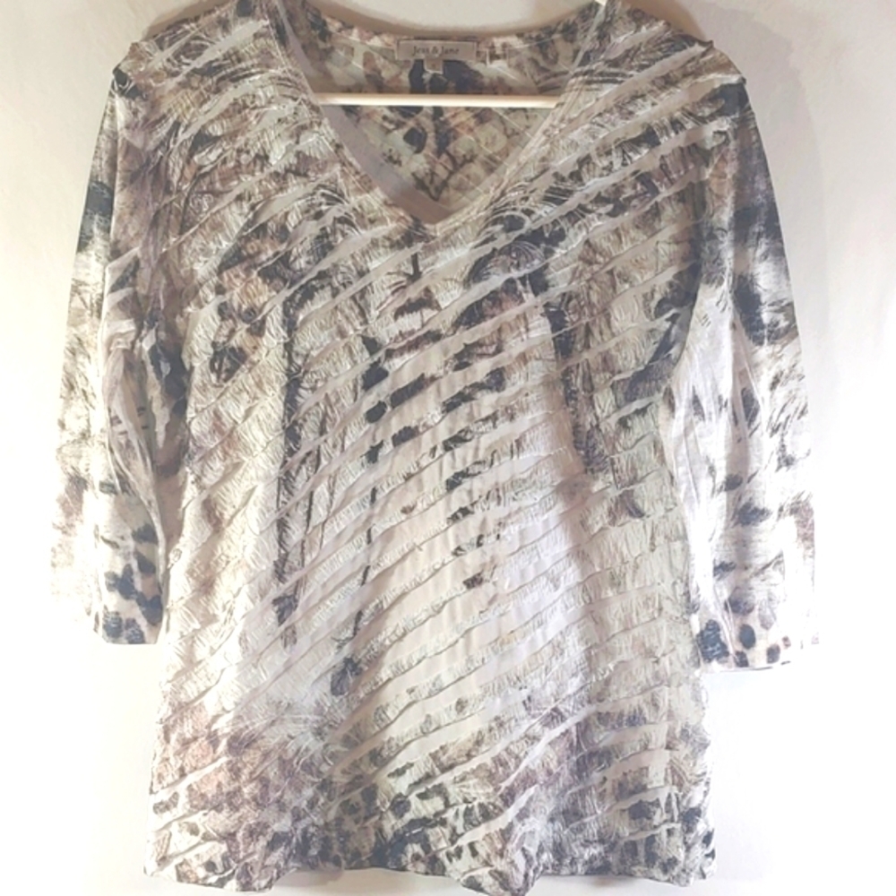 Jess and Jane Women's Brown and White 3/4 Sleeve Top - Size S Small